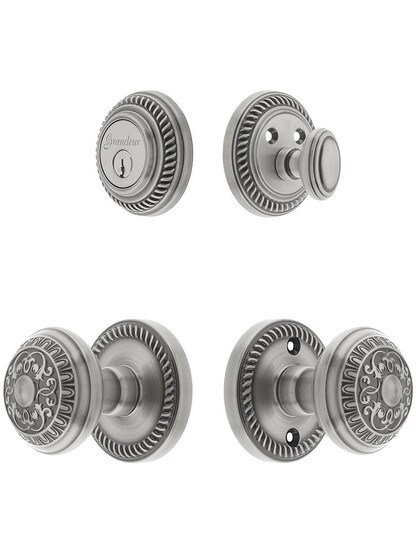 Grandeur Newport Entry Door Set, Keyed Alike with Windsor Knobs in Antique Pewter.